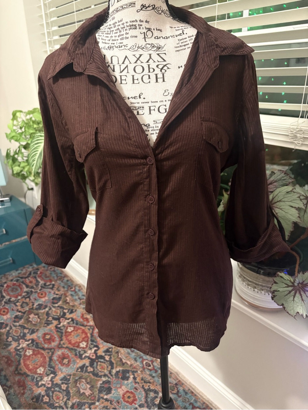 Source Unknown Dark Brown and Sheer lateral pin stripes Button-Down Shirt